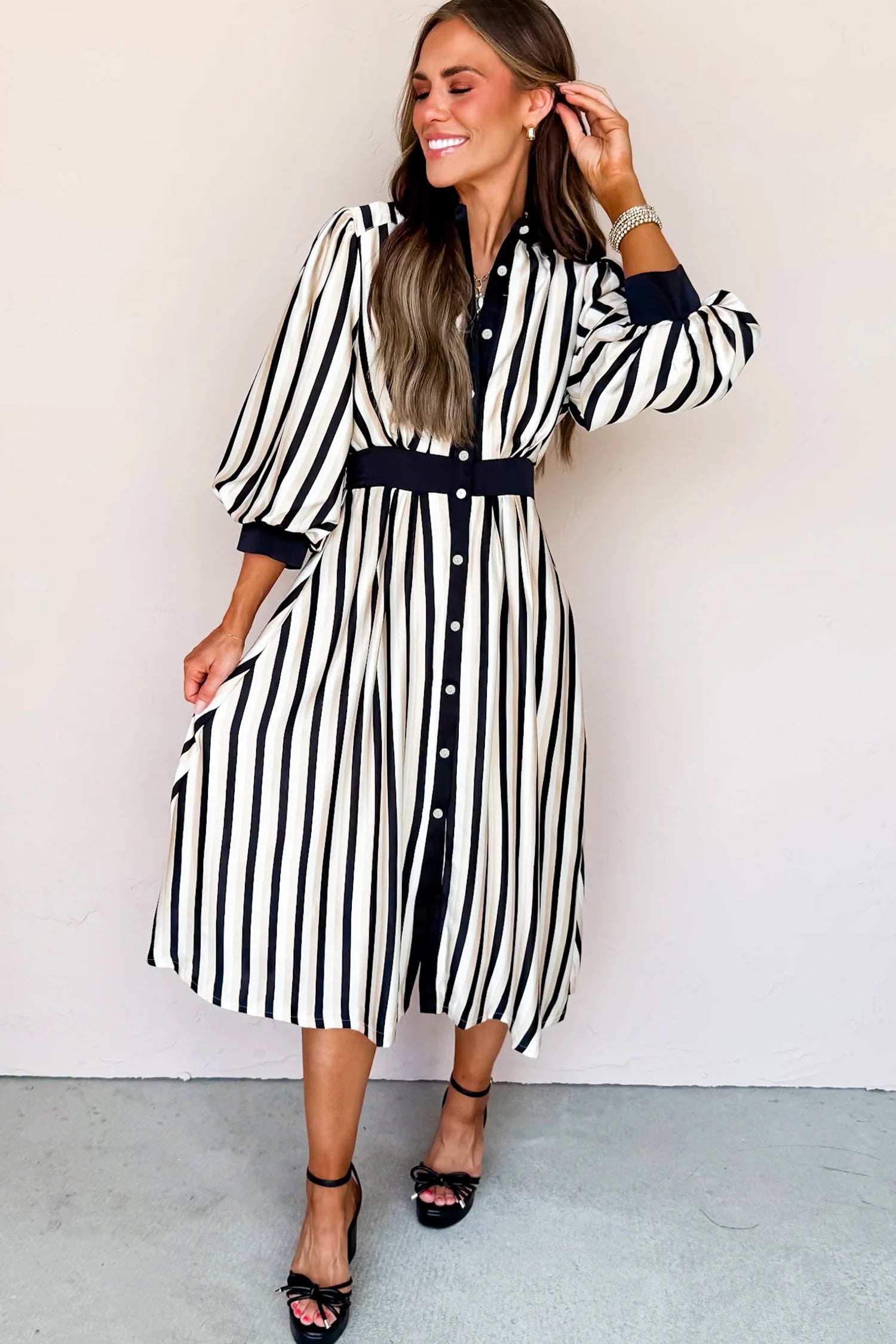 Black Stripe 3/4 Puff Sleeve Shirt Style Button Down Midi Dress-Dresses/Midi Dresses-[Adult]-[Female]-2022 Online Blue Zone Planet