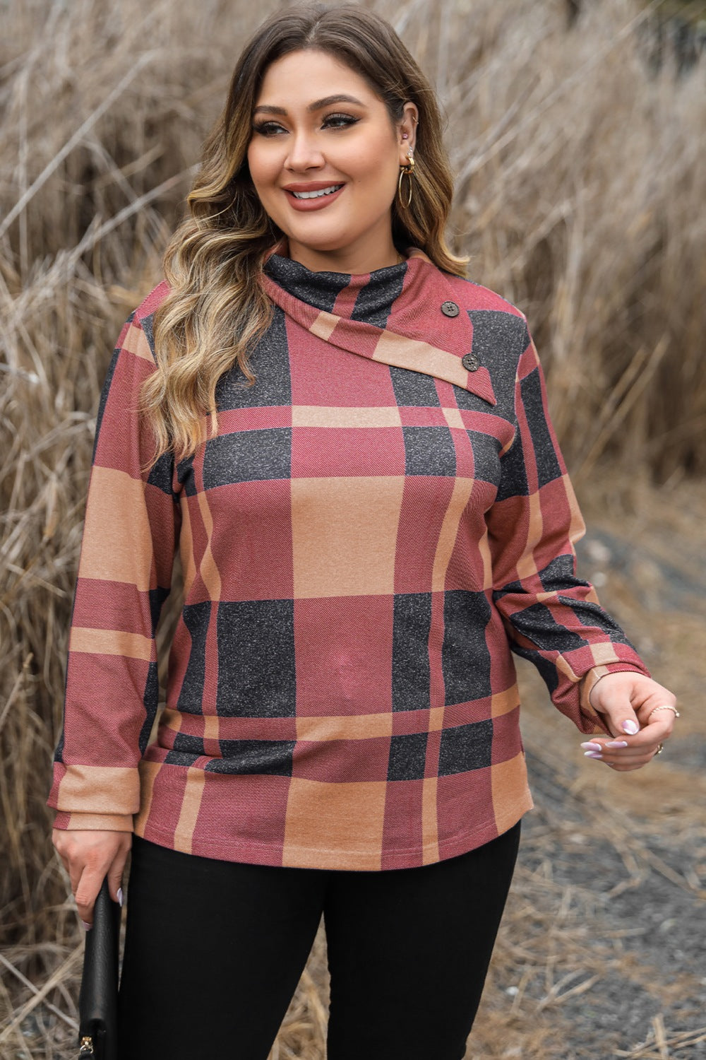 Plus Size Plaid Cowl Neck Long Sleeve Sweatshirt-TOPS / DRESSES-[Adult]-[Female]-2022 Online Blue Zone Planet