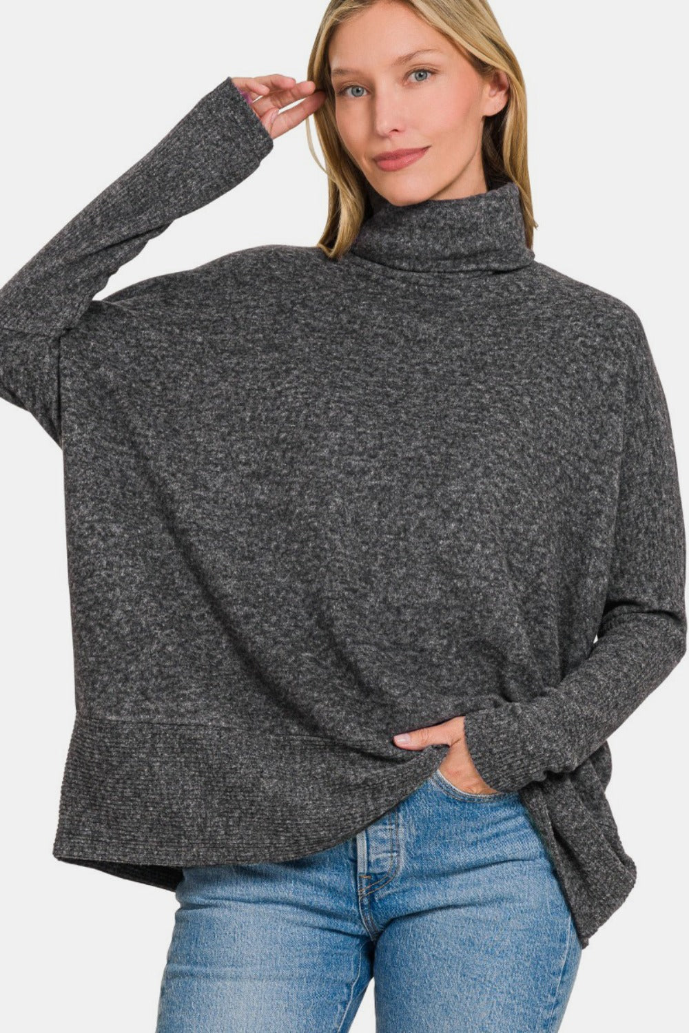 Blue Zone Planet | Zenana Full Size Brushed Melange Hacci Turtleneck Sweater-TOPS / DRESSES-[Adult]-[Female]-2022 Online Blue Zone Planet