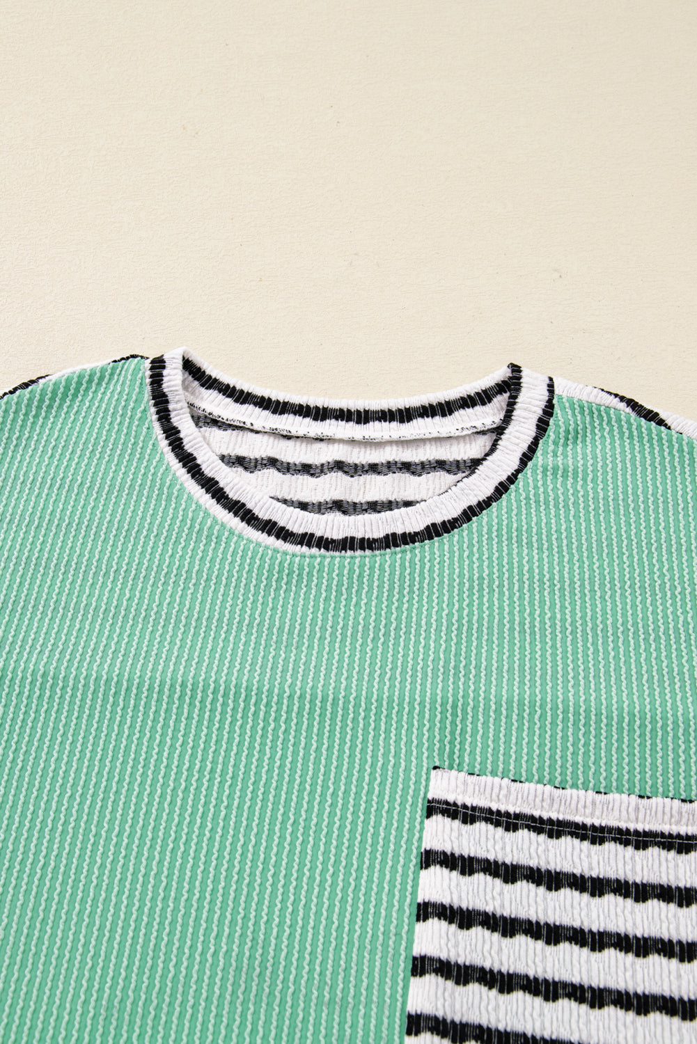 Sea Green Twisted Ribbed Contrast Round Neck Striped Patchwork Long Sleeve Top-Tops/Long Sleeve Tops-[Adult]-[Female]-2022 Online Blue Zone Planet