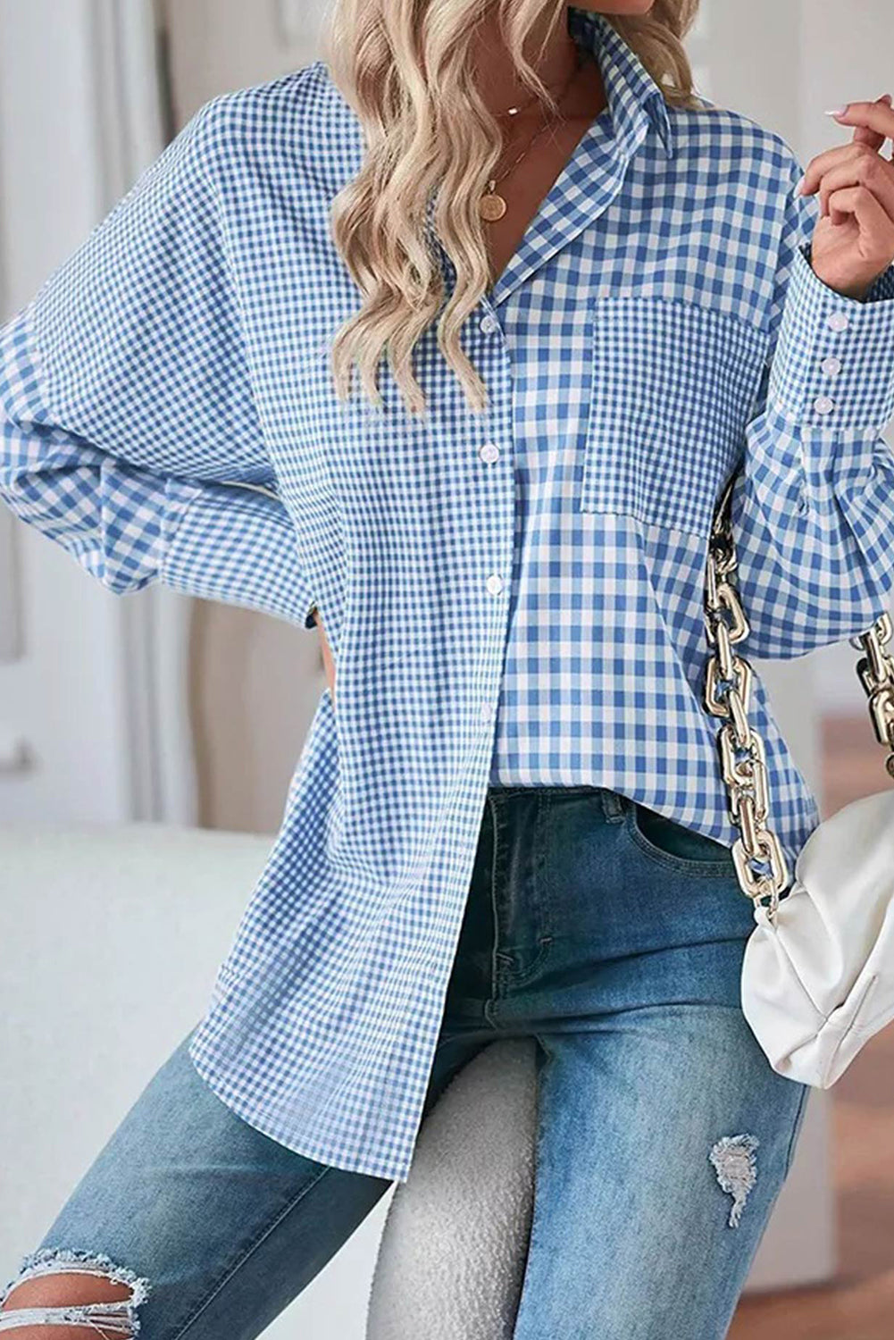 Sky Blue Stripe Plaid Patchwork Button up Long Sleeve Shirt-Tops/Blouses & Shirts-[Adult]-[Female]-2022 Online Blue Zone Planet