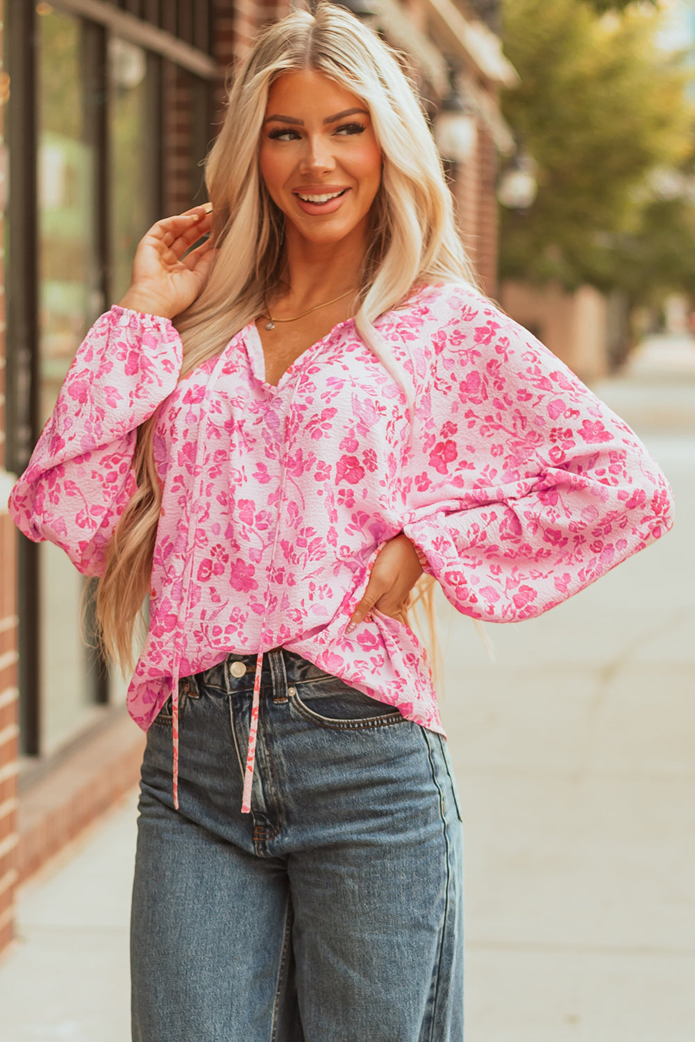 Pink Floral Puff Sleeve Split Neck Lightweight Blouse-Tops/Blouses & Shirts-[Adult]-[Female]-2022 Online Blue Zone Planet