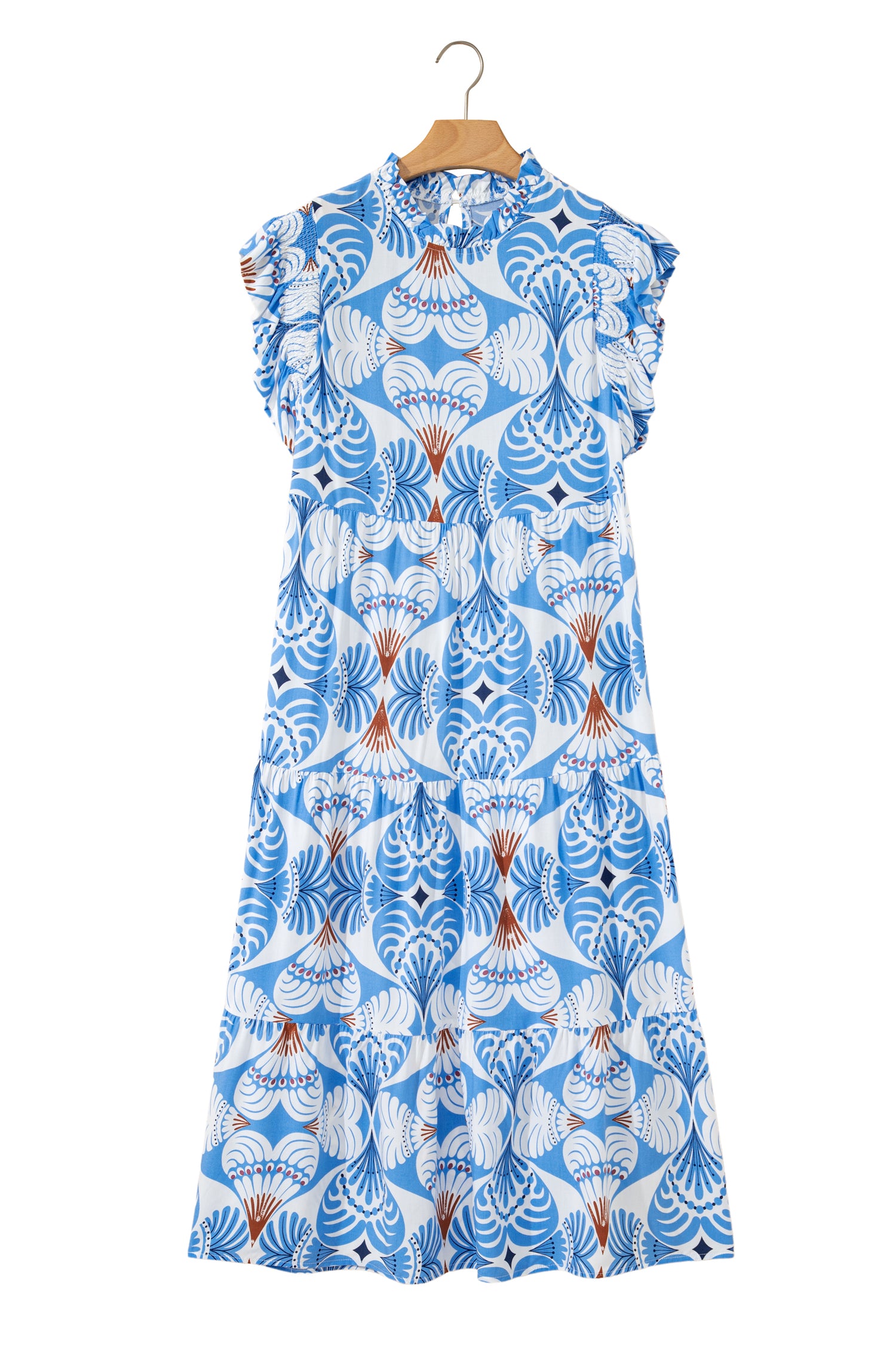 Sky Blue Tropical Botanic Print Flutter Sleeve Vacation Long Dress-TOPS / DRESSES-[Adult]-[Female]-2022 Online Blue Zone Planet