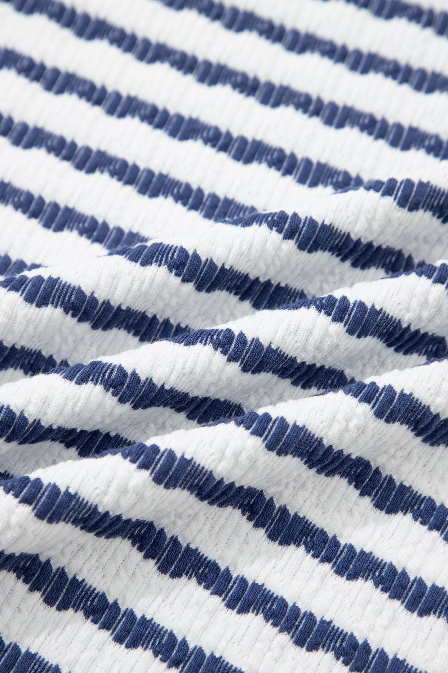Blue Stripe Textured Knit Split Hem Half Sleeve Loose Top-Tops/Tops & Tees-[Adult]-[Female]-2022 Online Blue Zone Planet