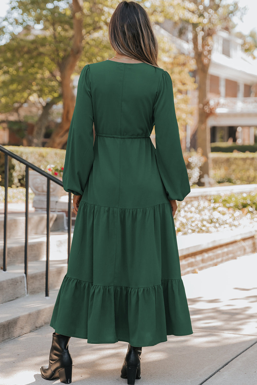 Blackish Green Solid Long Sleeve Button V Neck Tiered Maxi Dress-Dresses/Maxi Dresses-[Adult]-[Female]-2022 Online Blue Zone Planet