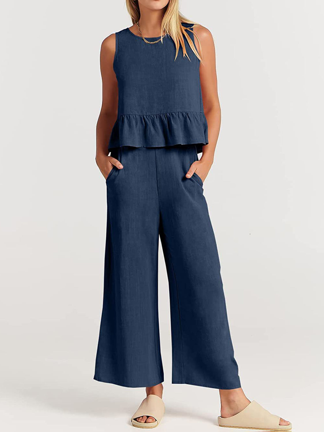 Blue Zone Planet | Full Size Round Neck Top and Wide Leg Pants Set-TOPS / DRESSES-[Adult]-[Female]-2022 Online Blue Zone Planet