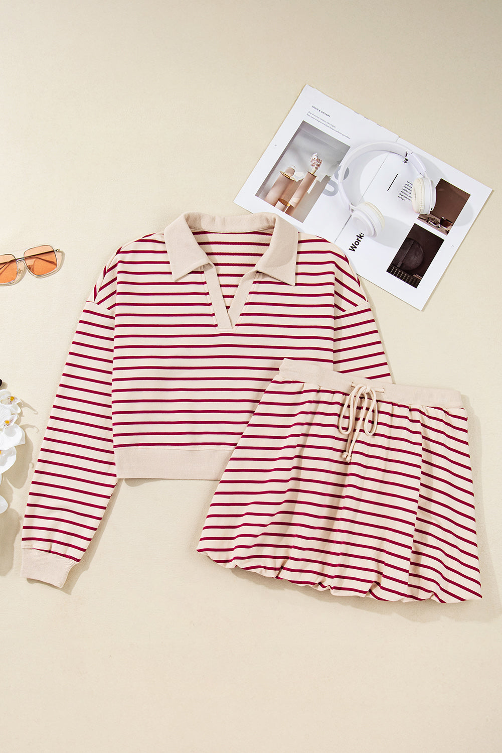 Red Stripe Cropped Collared Drop Shoulder Pullover And Bubble Mini Skirt Set-Two Piece Sets/Two Piece Dresses-[Adult]-[Female]-2022 Online Blue Zone Planet
