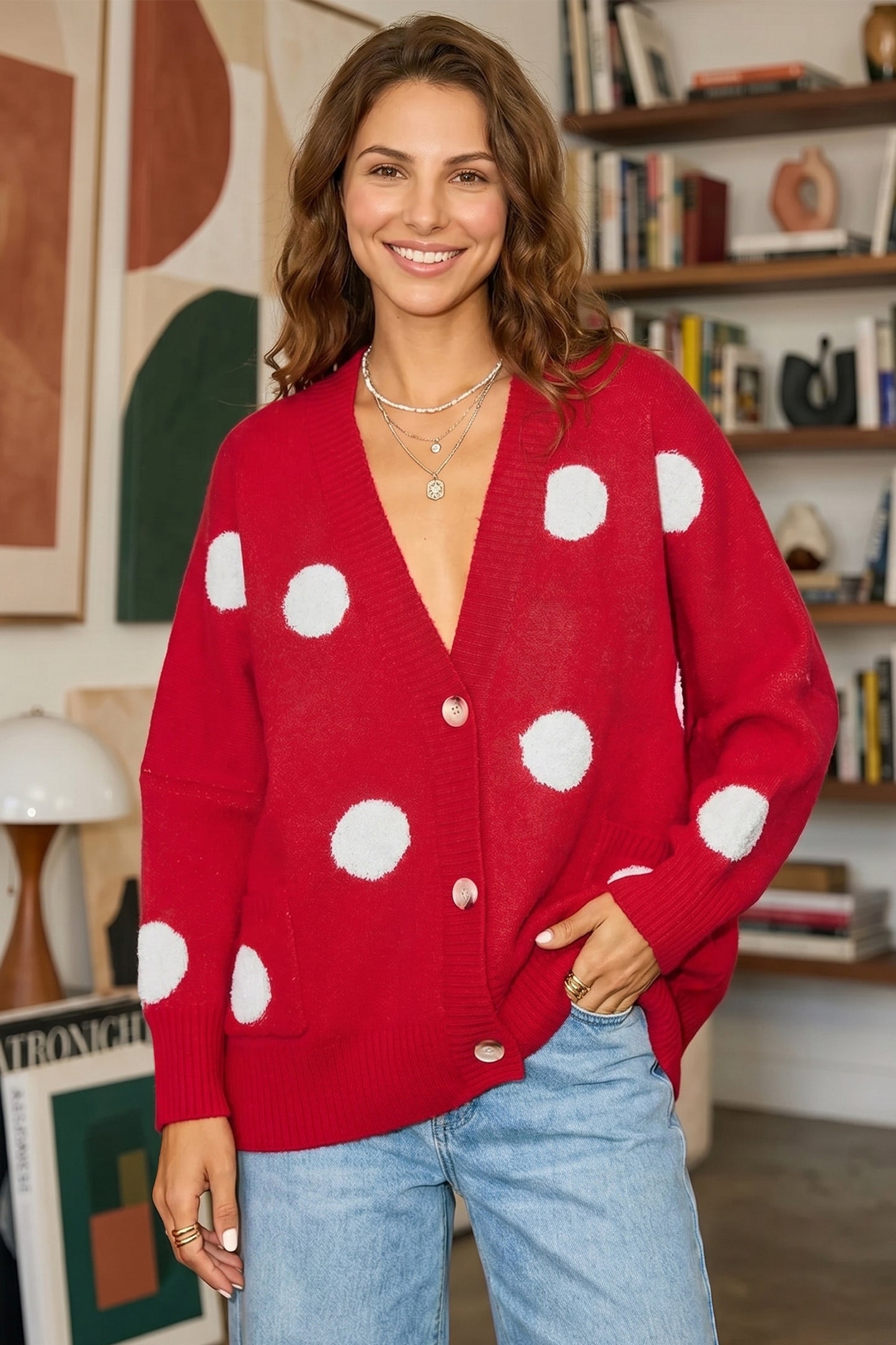 Beige Polka Dot Button Front Oversized V Neck Cardigan-Sweaters & Cardigans/Cardigans-[Adult]-[Female]-2022 Online Blue Zone Planet