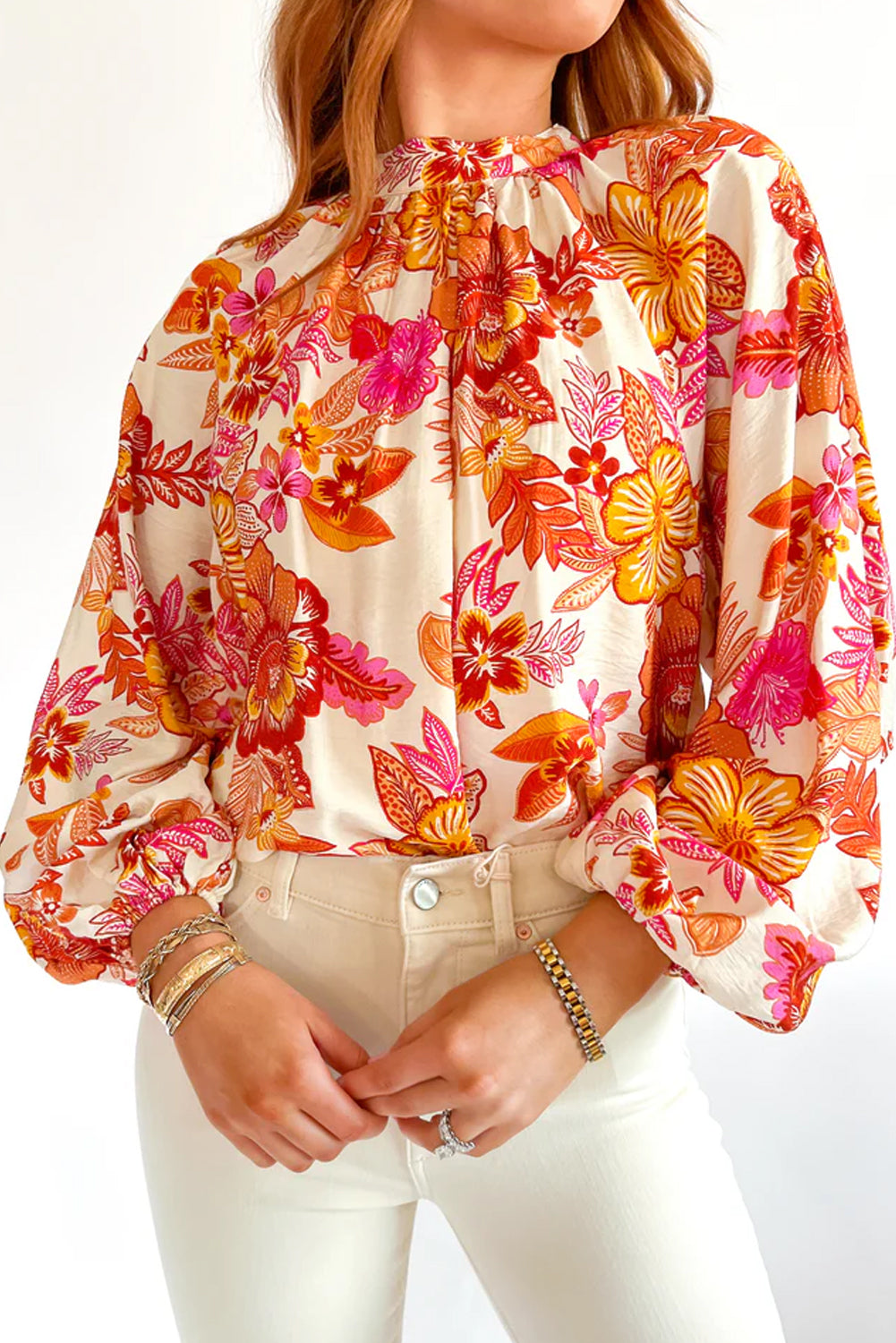 Blue Zone Planet | Orange Floral Print Pearl Button Keyhole Long Puff Sleeve Blouse-Tops/Blouses & Shirts-[Adult]-[Female]-Orange-S-2022 Online Blue Zone Planet