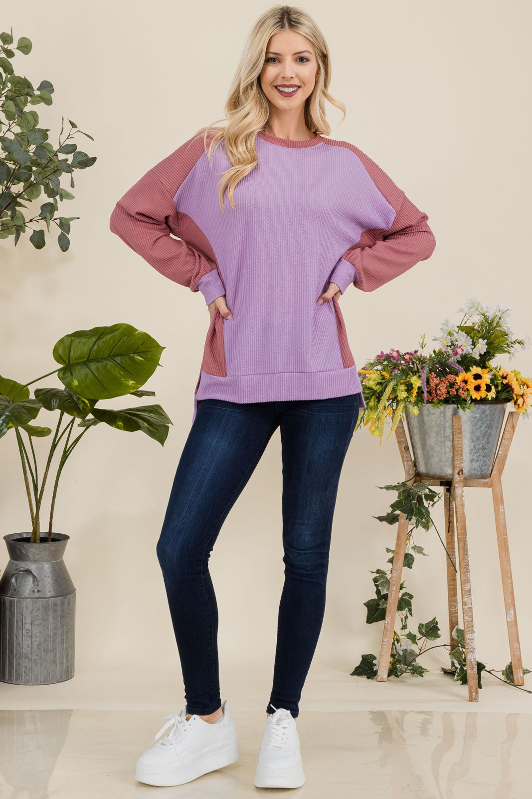 Blue Zone Planet | Celeste Full Size High-Low Contrast Round Neck Sweatshirt-TOPS / DRESSES-[Adult]-[Female]-2022 Online Blue Zone Planet