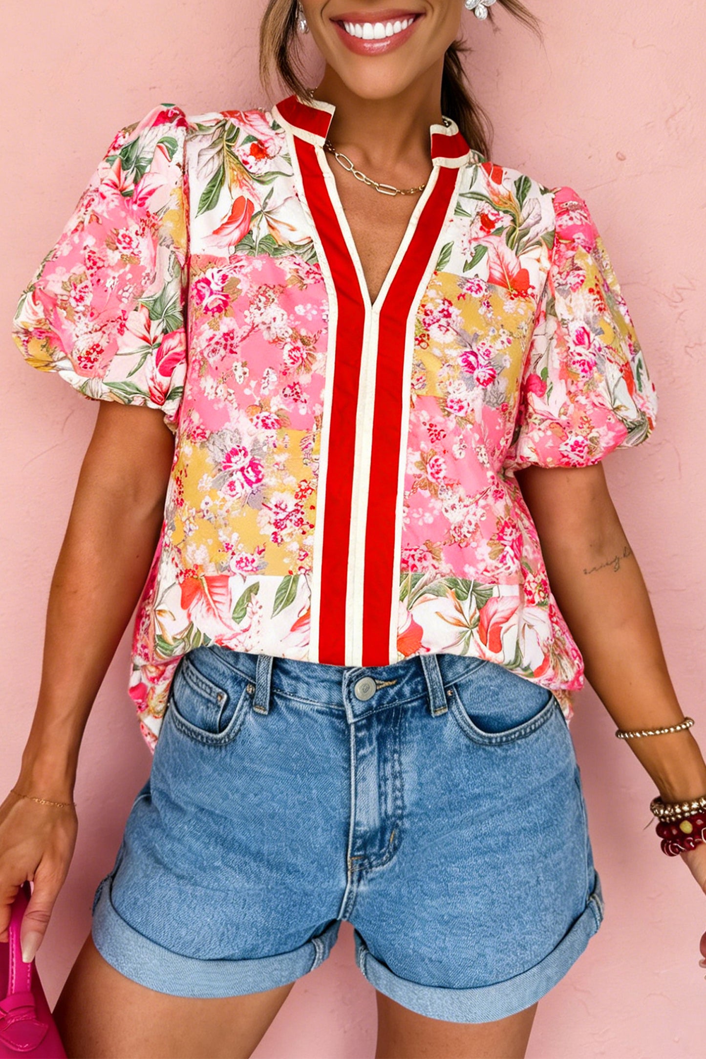 Pink Contrast Collared V Neck Short Sleeve Floral Blouse-Tops/Blouses & Shirts-[Adult]-[Female]-Pink-S-2022 Online Blue Zone Planet