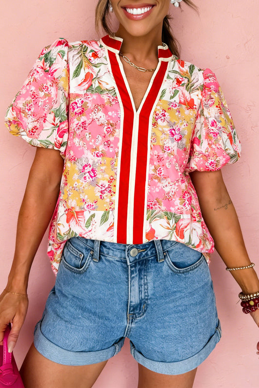 Pink Contrast Collared V Neck Short Sleeve Floral Blouse-Tops/Blouses & Shirts-[Adult]-[Female]-Pink-S-2022 Online Blue Zone Planet