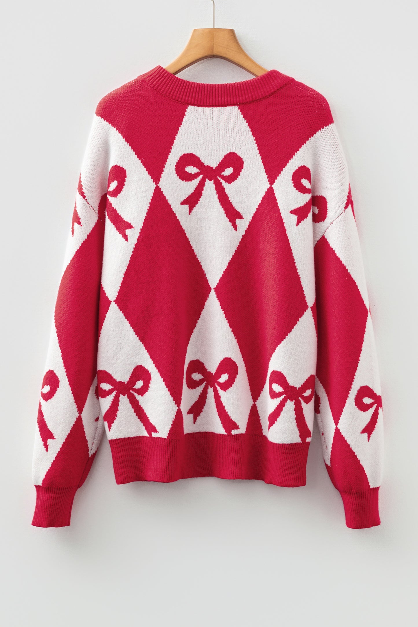 Red Bow Print 2-tone Rhombus Knit Loose Sweater-TOPS / DRESSES-[Adult]-[Female]-2022 Online Blue Zone Planet