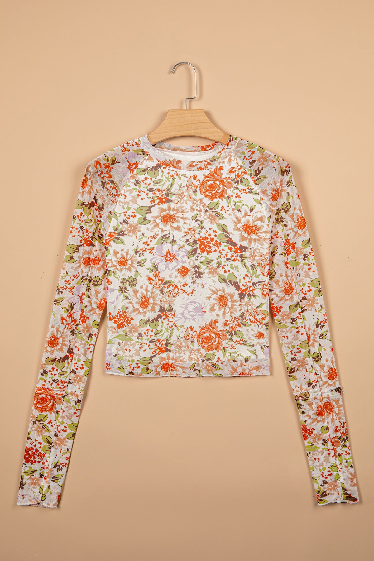 Multicolour Floral Print Mesh Thumbhole Long Sleeve Slim Top-Tops/Long Sleeve Tops-[Adult]-[Female]-2022 Online Blue Zone Planet