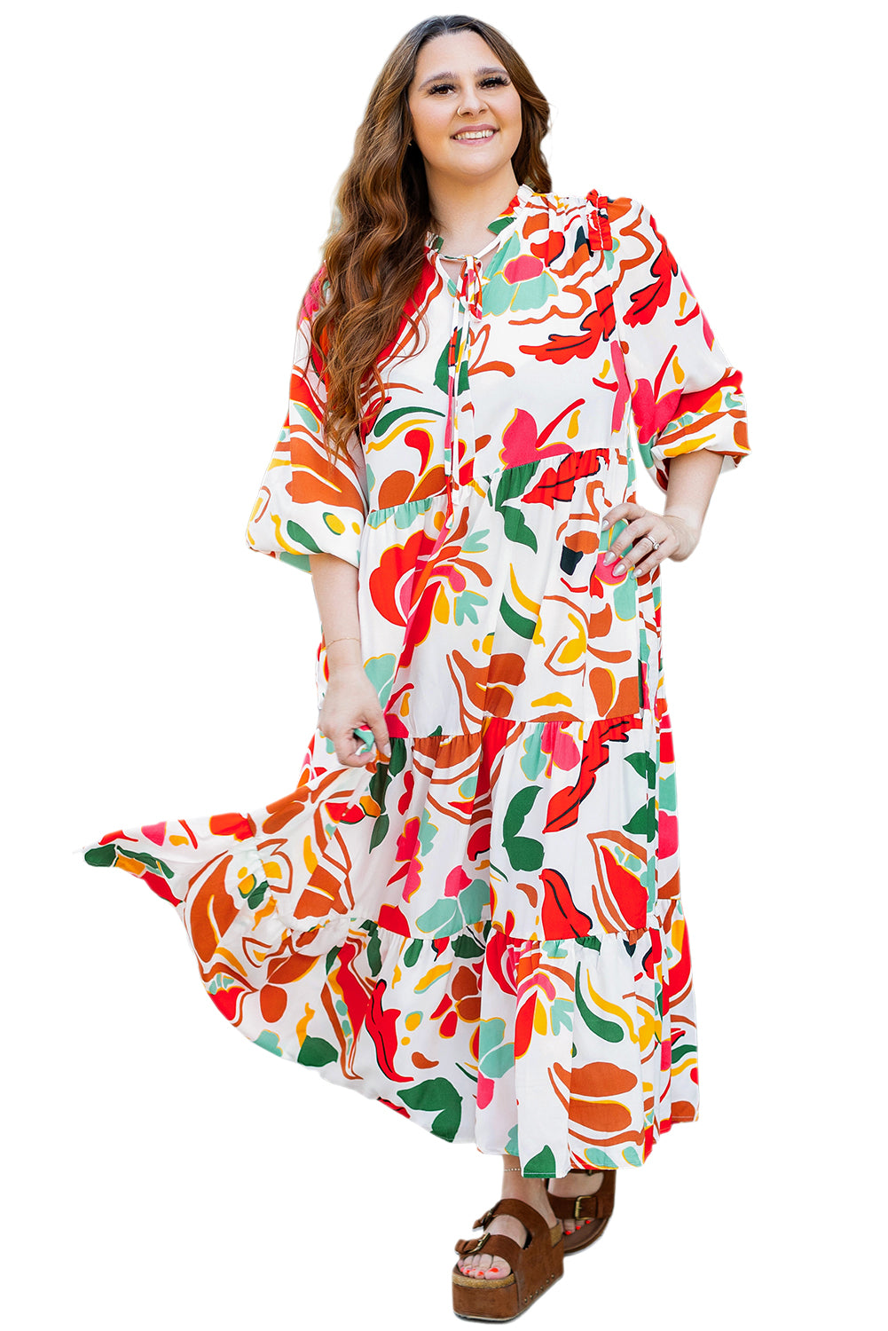 Orange Floral Print Drawstring V Neck Tiered Plus Size Dress-TOPS / DRESSES-[Adult]-[Female]-2022 Online Blue Zone Planet