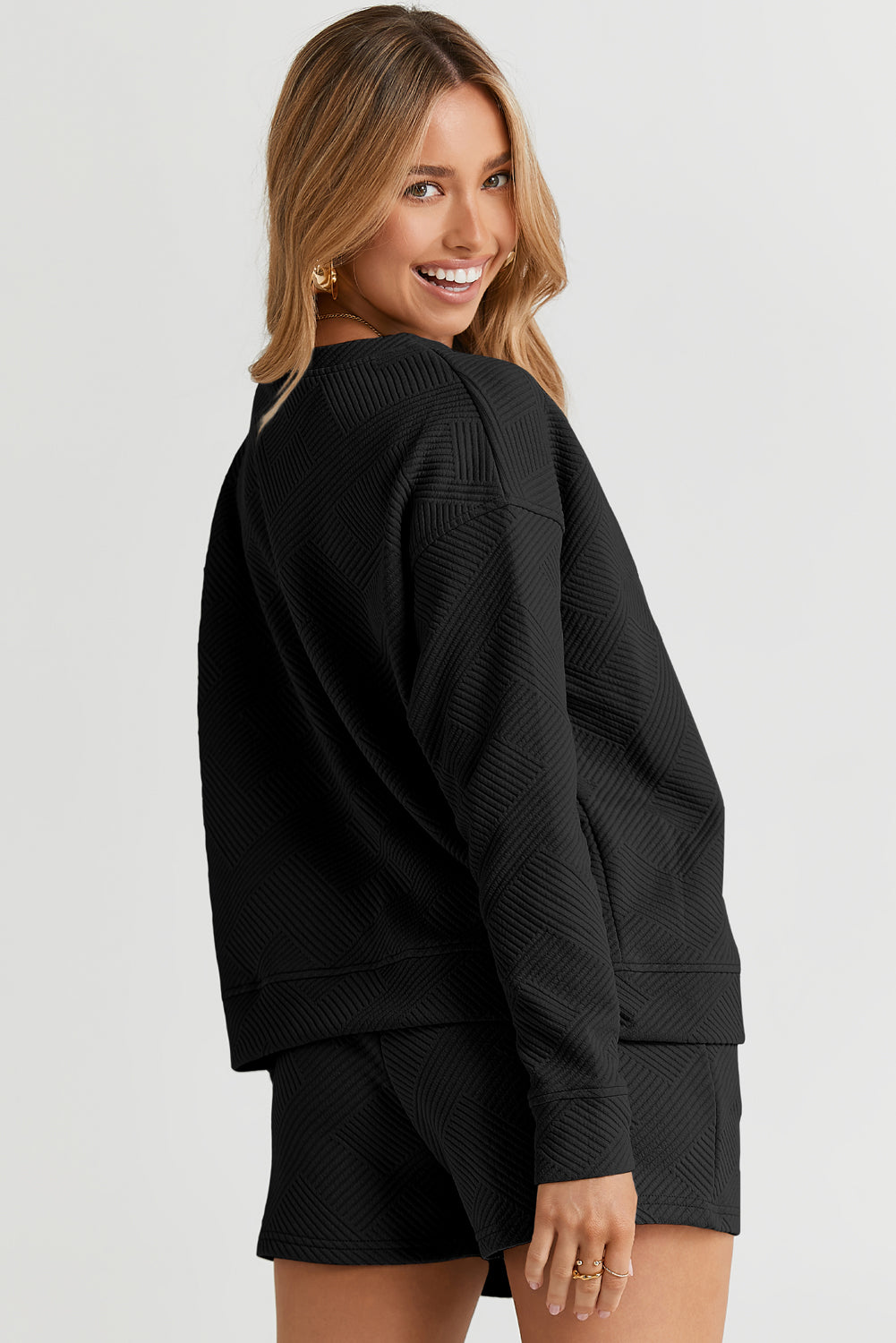 Green Textured Long Sleeve Top and Drawstring Shorts Set-Two Piece Sets/Short Sets-[Adult]-[Female]-2022 Online Blue Zone Planet