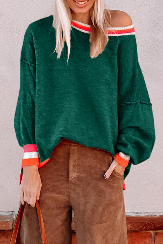 Blackish Green Colorblock Striped Trim Drop Shoulder Sweater-Sweaters & Cardigans/Sweaters-[Adult]-[Female]-Blackish Green-S-2022 Online Blue Zone Planet