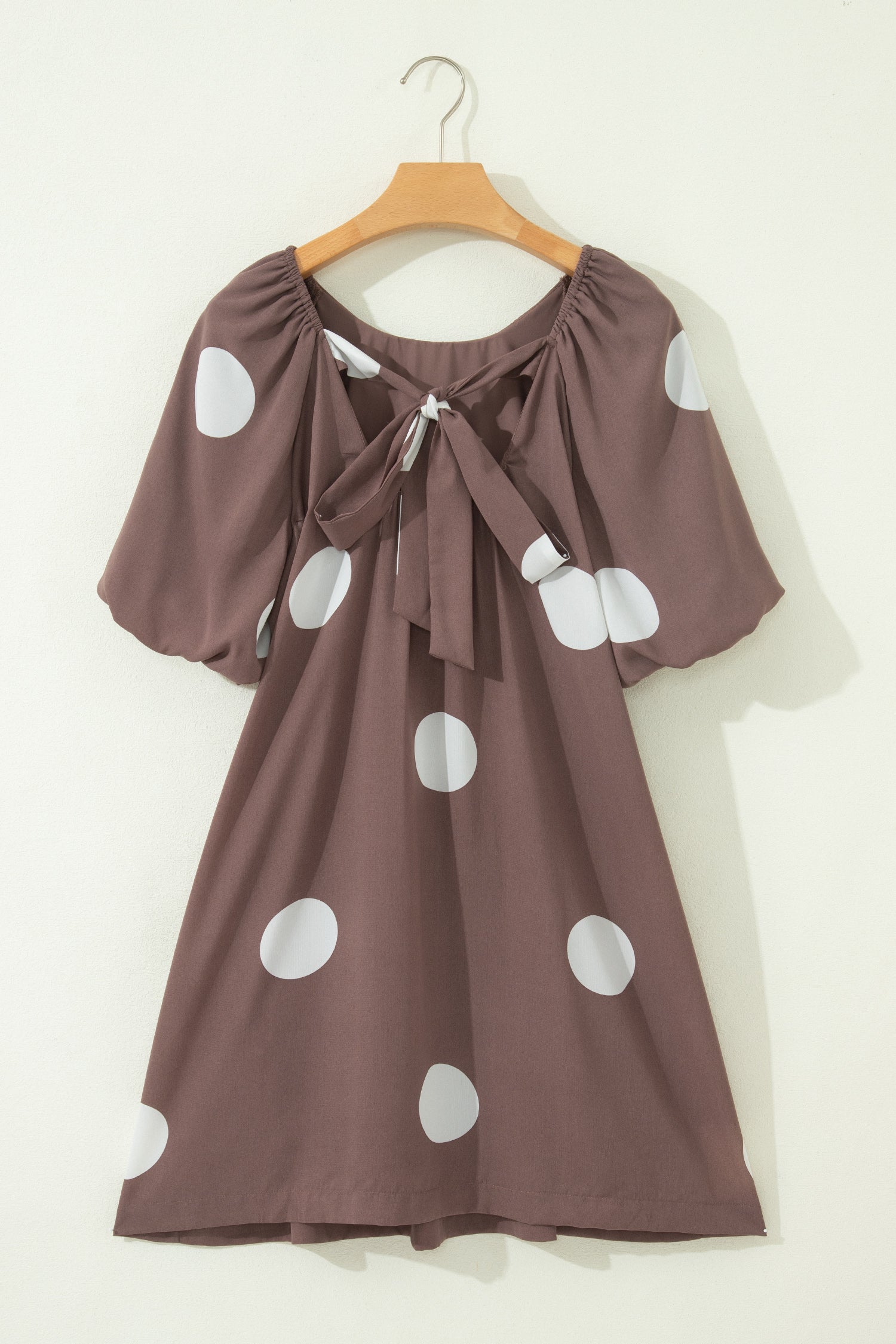 Brown Polka Dot Print Knot Back Short Puff Sleeve Loose Mini Dress-TOPS / DRESSES-[Adult]-[Female]-2022 Online Blue Zone Planet