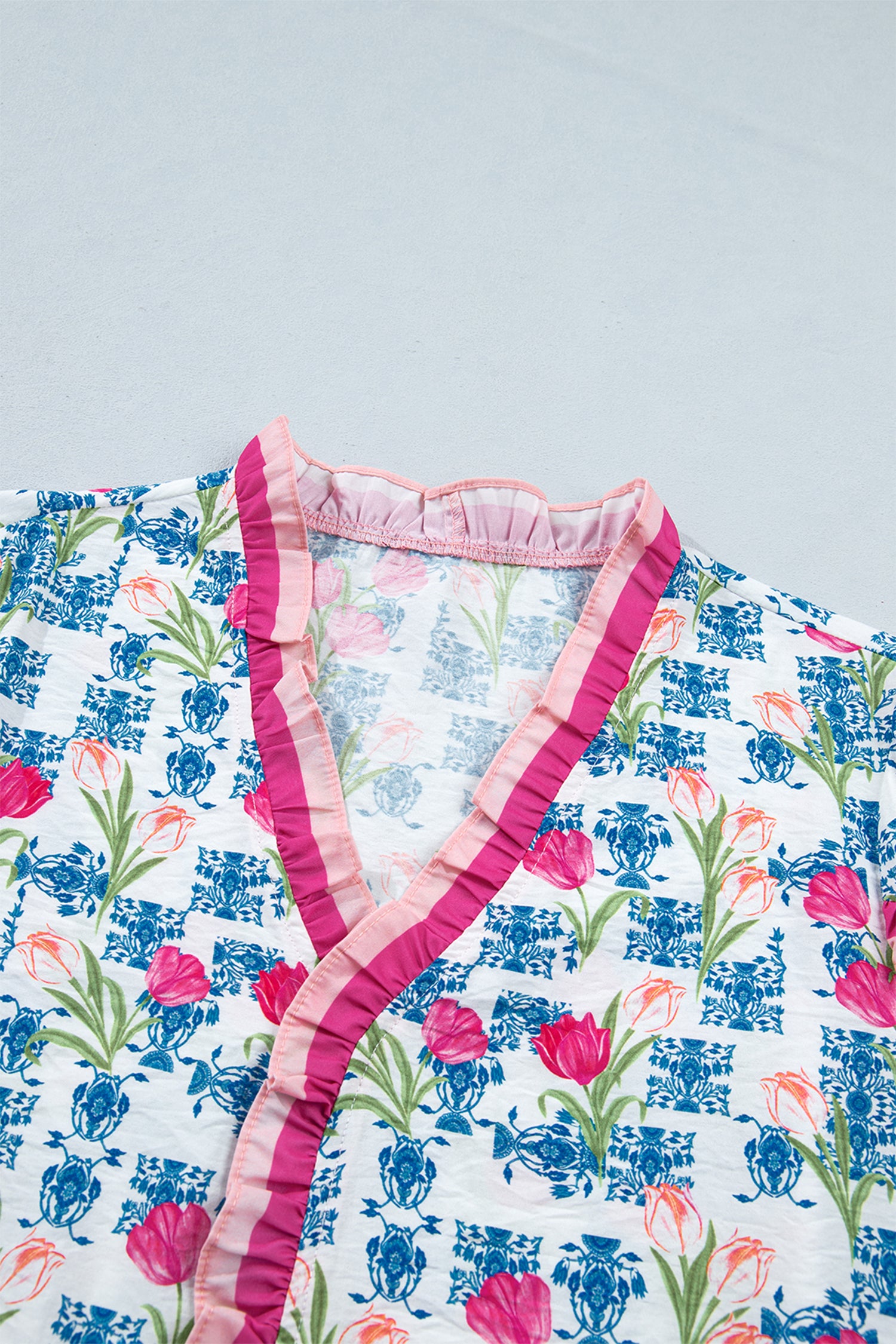 Rose Floral Print Ruffle V-Neck Short Sleeve Loose Tunic Shirt-Tops/Blouses & Shirts-[Adult]-[Female]-2022 Online Blue Zone Planet