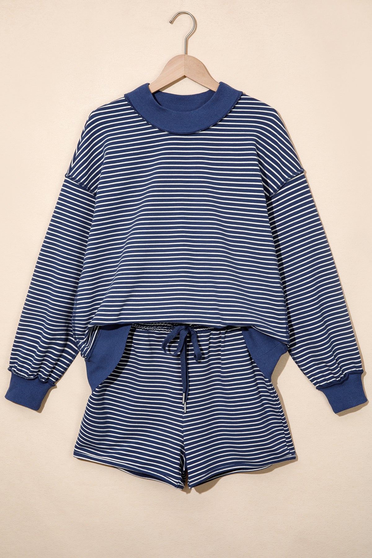 Blue Stripe Ribbed Patchwork Mock Neck Baggy Pullover Matching Shorts Set-Two Piece Sets/Short Sets-[Adult]-[Female]-2022 Online Blue Zone Planet