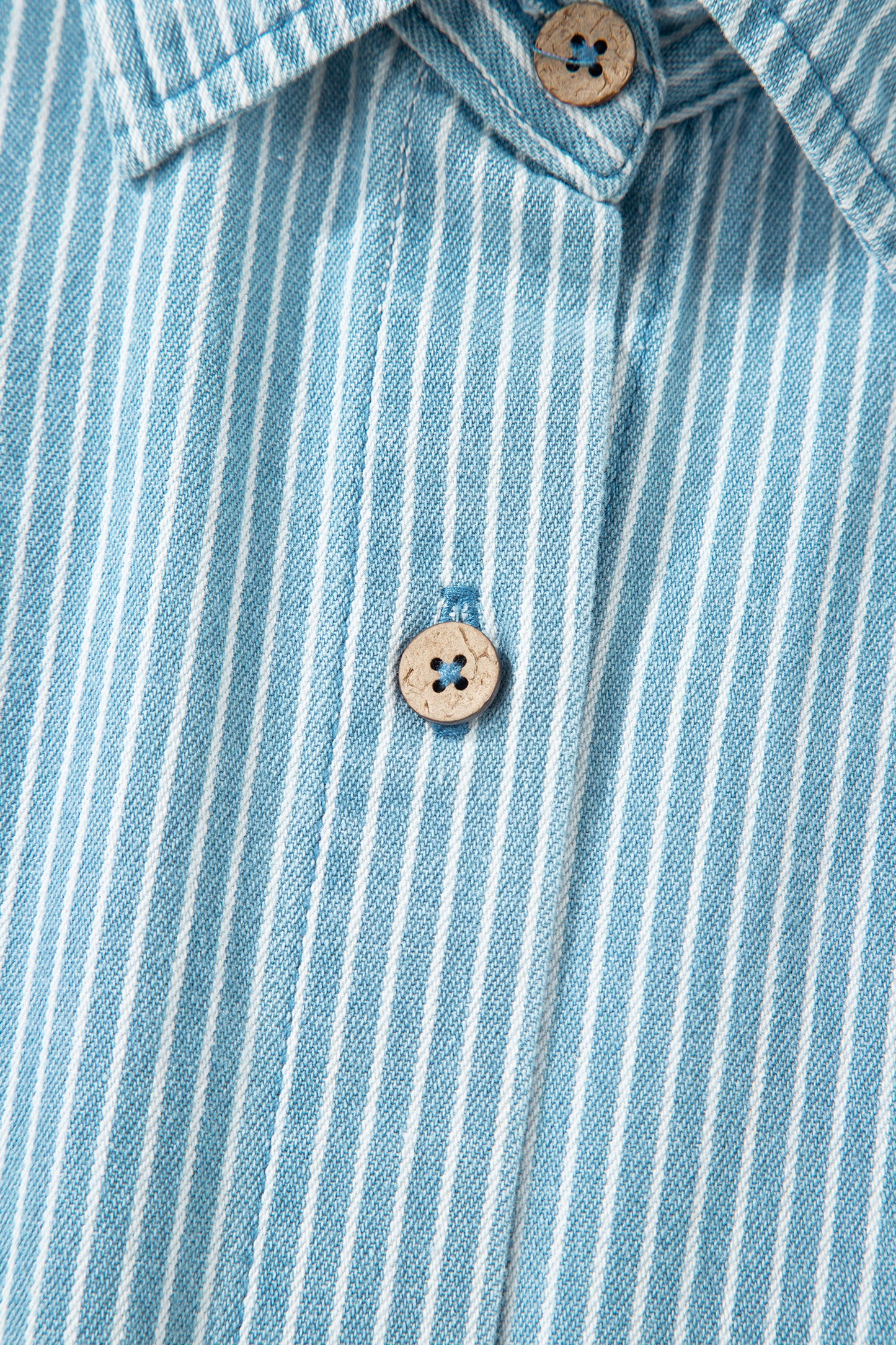 Sky Blue Stripe Cuffed Short Sleeve Button up Loose Shirt-Tops/Blouses & Shirts-[Adult]-[Female]-2022 Online Blue Zone Planet