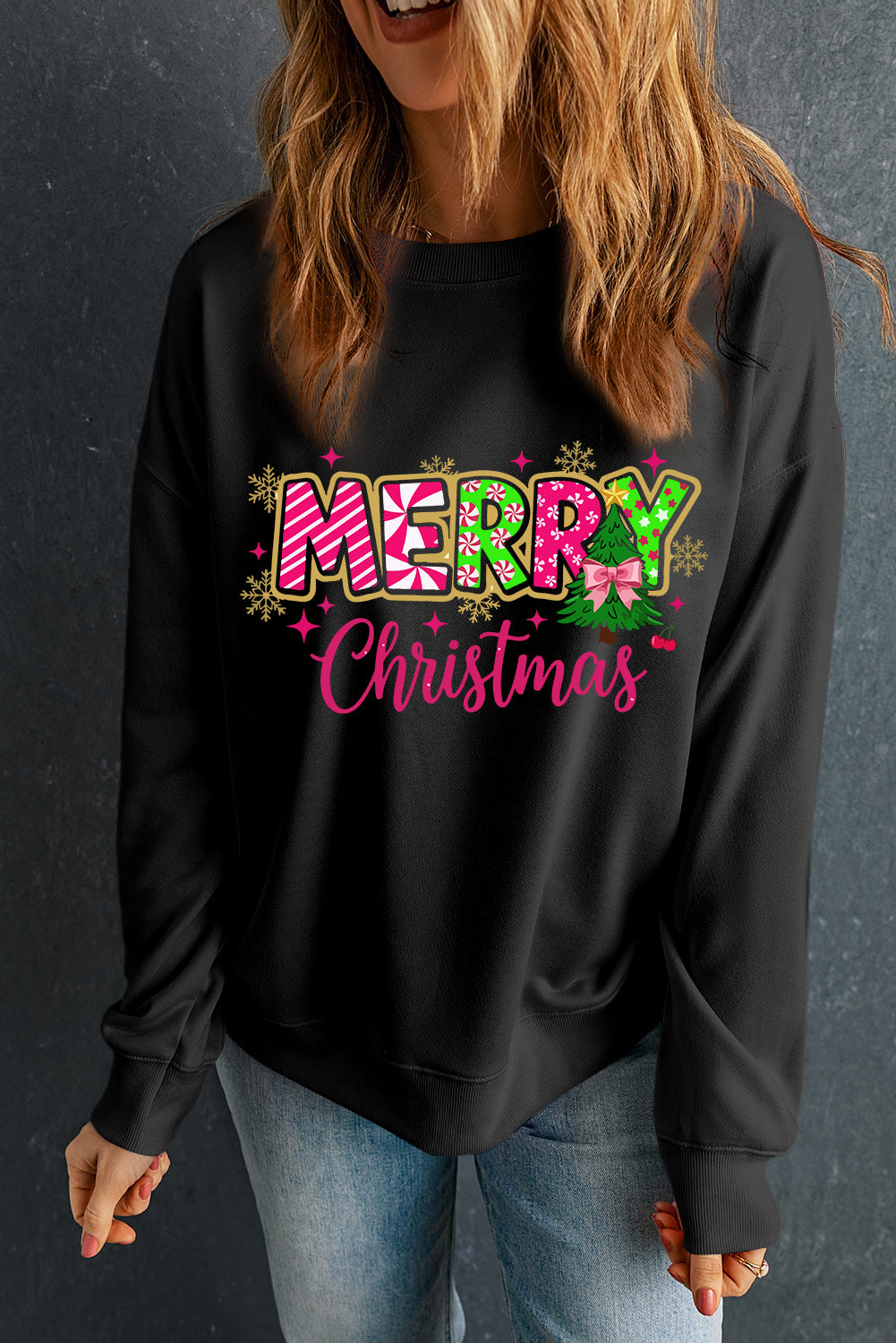 Black MERRY Christmas Playful Letter Print Drop Shoulder Sweatshirt-Graphic/Graphic Sweatshirts-[Adult]-[Female]-2022 Online Blue Zone Planet