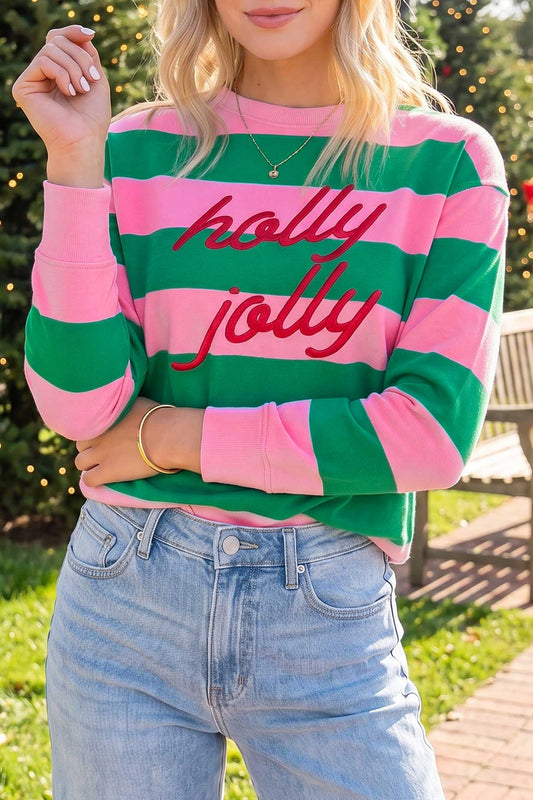 Green Stripe holly jolly Letter Embroidered Pullover Sweatshirt-Tops/Sweatshirts & Hoodies-[Adult]-[Female]-Green Stripe-S-2022 Online Blue Zone Planet