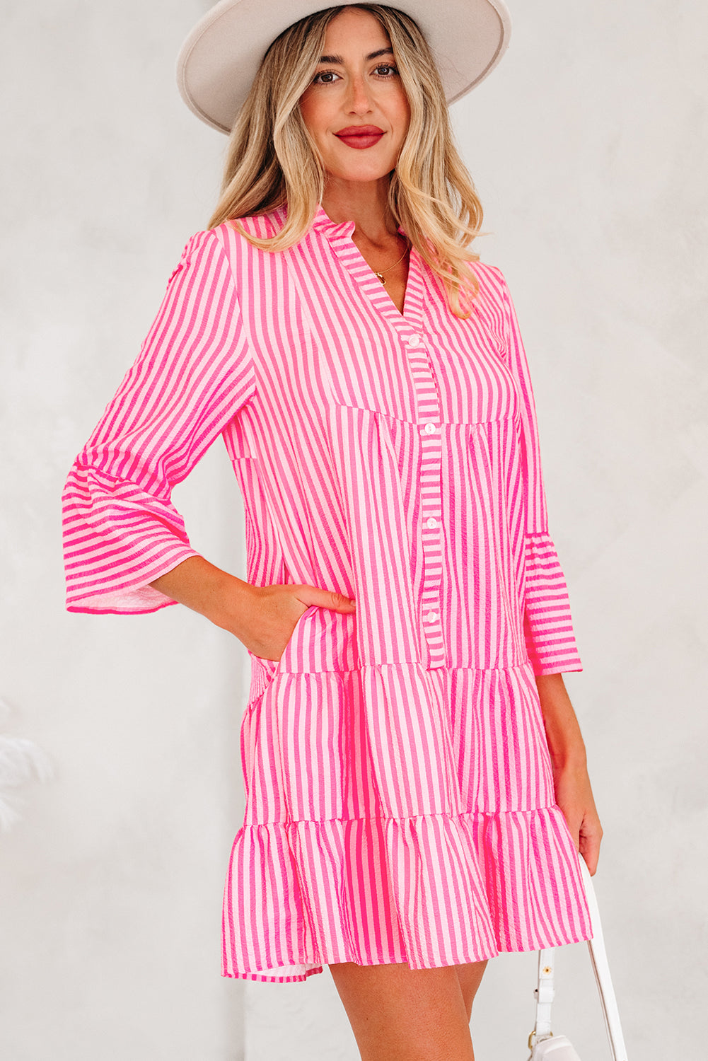 Pink Stripe Flare Sleeve Half Placket Tiered Flowy Mini Dress-TOPS / DRESSES-[Adult]-[Female]-2022 Online Blue Zone Planet