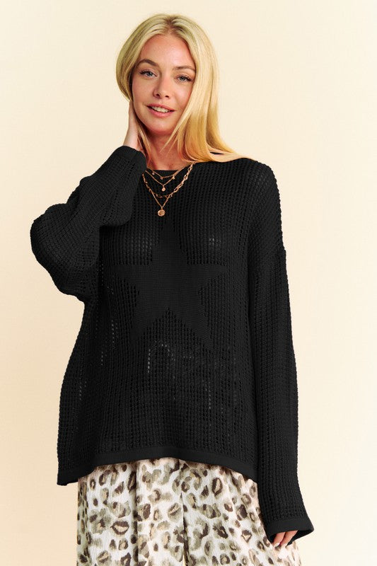 Davi & Dani Star Front Crochet Drop Shoulder Knit Top-TOPS / DRESSES-[Adult]-[Female]-2022 Online Blue Zone Planet