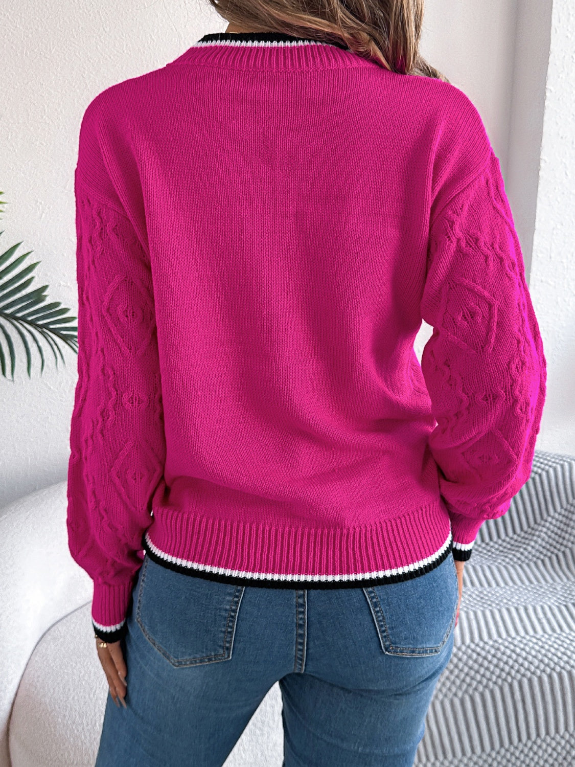 Blue Zone Planet | Contrast Trim Round Neck Long Sleeve Sweater-TOPS / DRESSES-[Adult]-[Female]-Hot Pink-S-2022 Online Blue Zone Planet