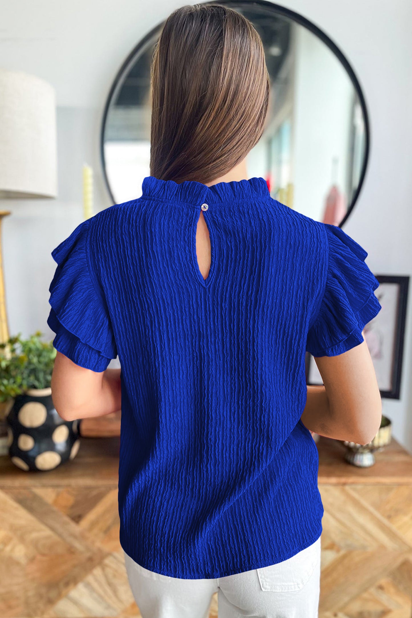 White Solid Color Textured Ruffle Trim Short Sleeve Blouse-Tops/Blouses & Shirts-[Adult]-[Female]-2022 Online Blue Zone Planet
