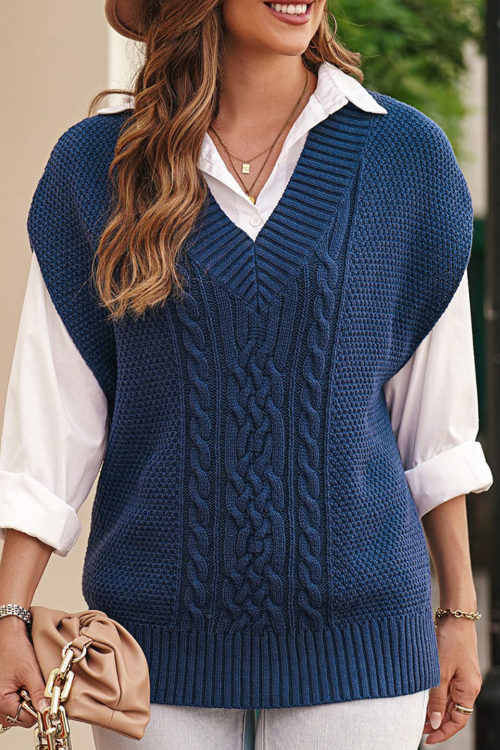 Cable-Knit V-Neck Sweater Vest-TOPS / DRESSES-[Adult]-[Female]-2022 Online Blue Zone Planet