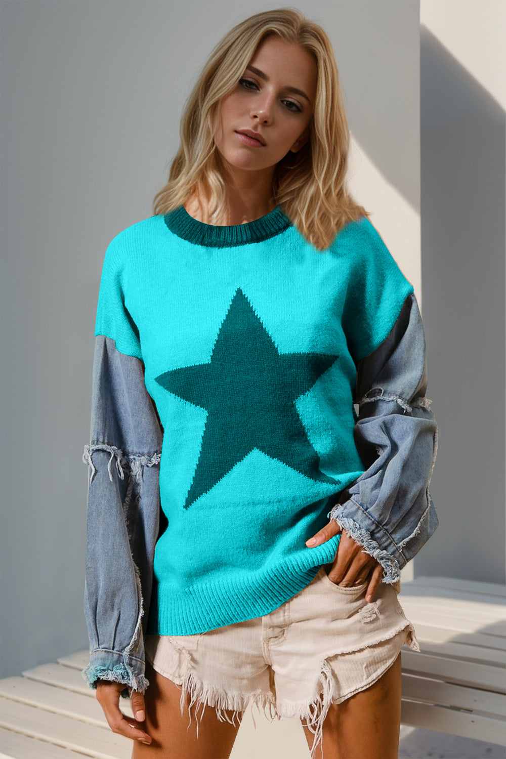 Blue Zone Planet | Double Take Full Size Star Pattern Raw Edge Long Sleeve Sweater-TOPS / DRESSES-[Adult]-[Female]-Aqua-S/M-2022 Online Blue Zone Planet