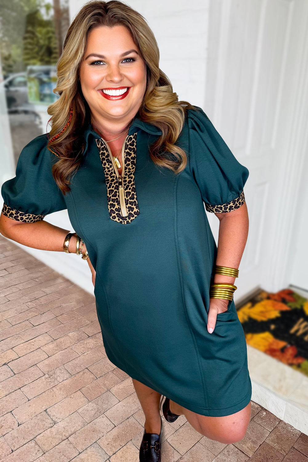 Sea Green Leopard Patchwork Detail Quarter Zip Collared Plus Size Mini Dress-Plus Size/Plus Size Dresses/Plus Size Mini Dresses-[Adult]-[Female]-2022 Online Blue Zone Planet