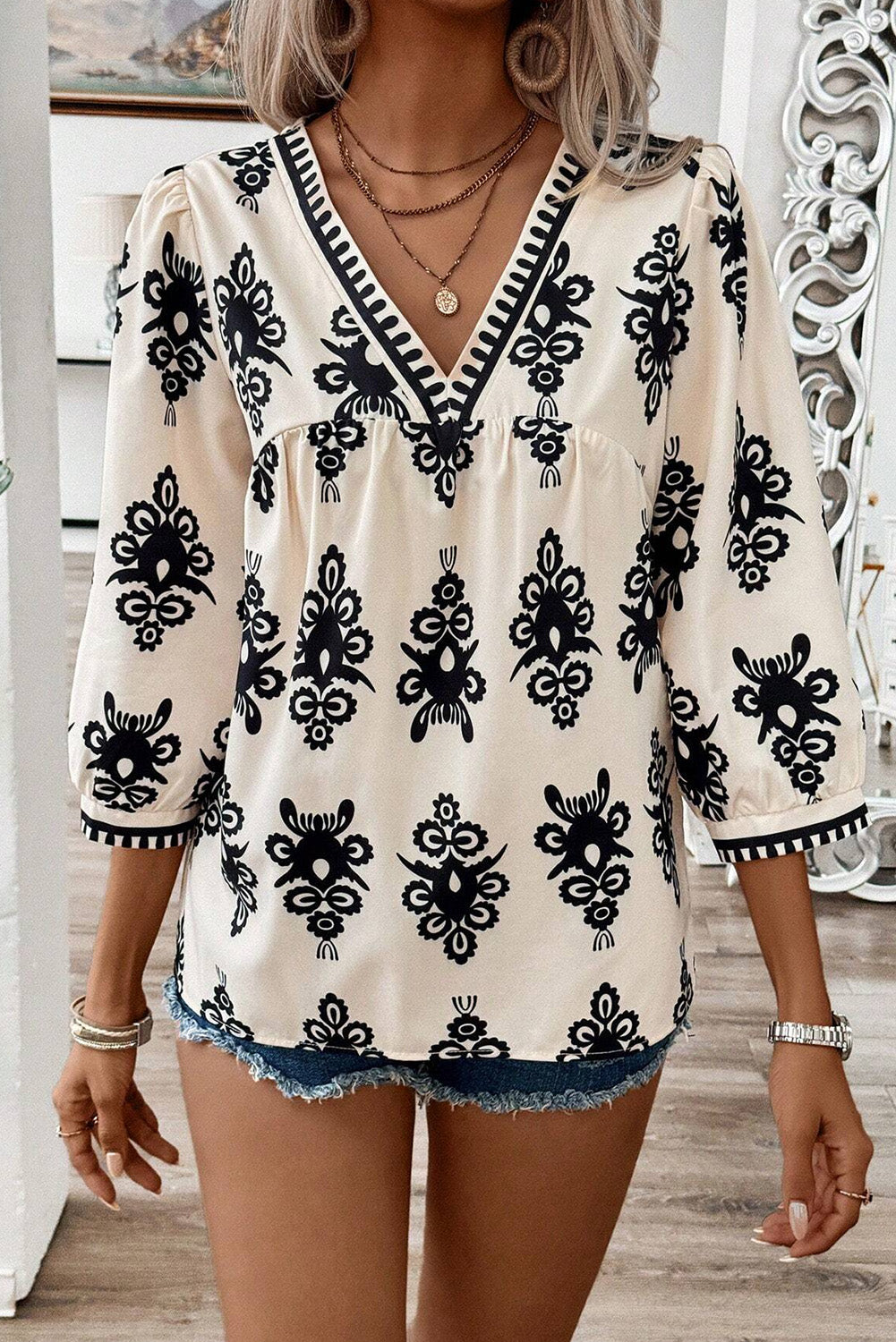 Orange Vintage Geometric Printed 3/4 Sleeve V Neck Blouse-Tops/Blouses & Shirts-[Adult]-[Female]-2022 Online Blue Zone Planet