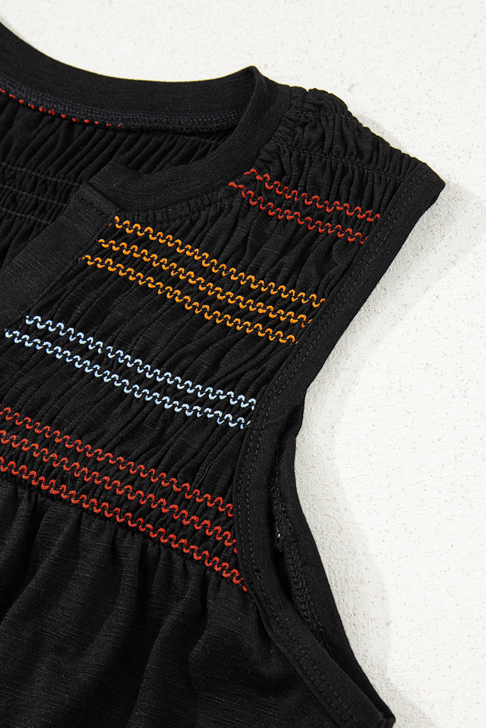 Black Colorful Shirred Yoke Notched V Neck Tank Top-Tops/Tank Tops-[Adult]-[Female]-2022 Online Blue Zone Planet