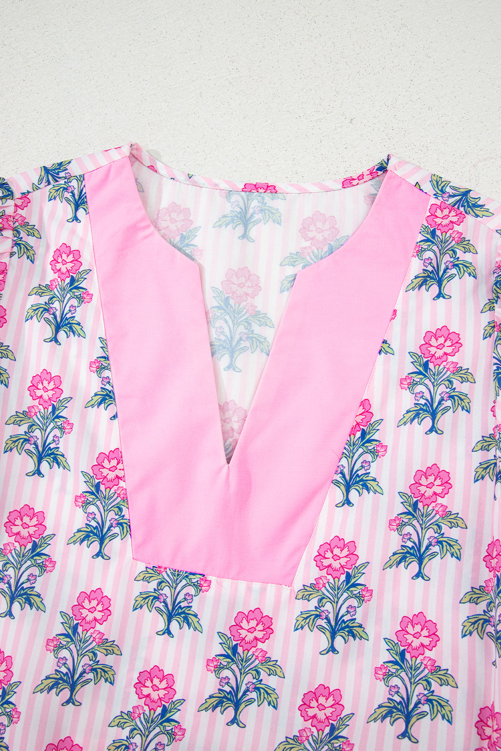 Rose Floral Striped Print Contrast Patchwork Ruffle Hem Blouse-Tops/Blouses & Shirts-[Adult]-[Female]-2022 Online Blue Zone Planet