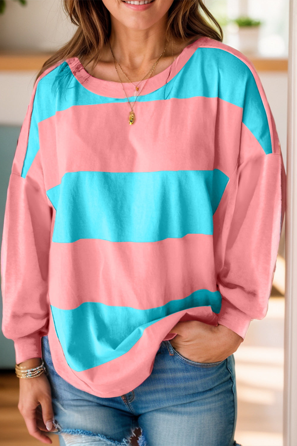 Color Block Round Neck Long Sleeve Top-TOPS / DRESSES-[Adult]-[Female]-Pink-S-2022 Online Blue Zone Planet