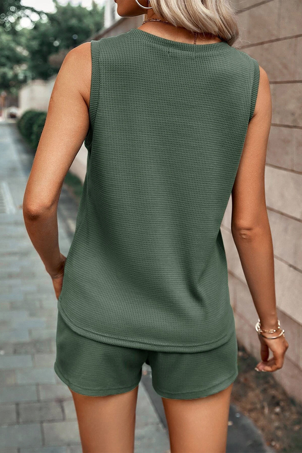 Mist Green Waffle Knit Patched Pocket Tank and Drawstring Shorts Set-Two Piece Sets/Short Sets-[Adult]-[Female]-2022 Online Blue Zone Planet