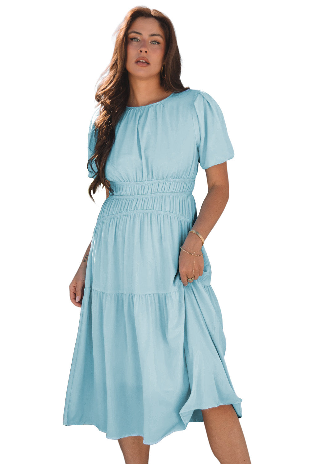 Light Blue Puff Sleeve Pleated High Waist Flowy Long Dress-Dresses/Maxi Dresses-[Adult]-[Female]-2022 Online Blue Zone Planet