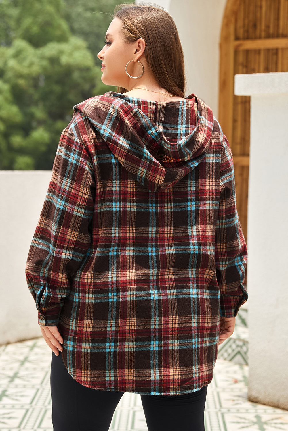 Plus Size Drawstring Plaid Quarter Button Hoodie-TOPS / DRESSES-[Adult]-[Female]-2022 Online Blue Zone Planet