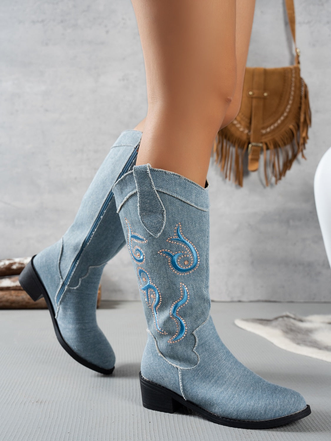 Embroidered Point Toe Block Heel Boots-BOOTS-[Adult]-[Female]-2022 Online Blue Zone Planet