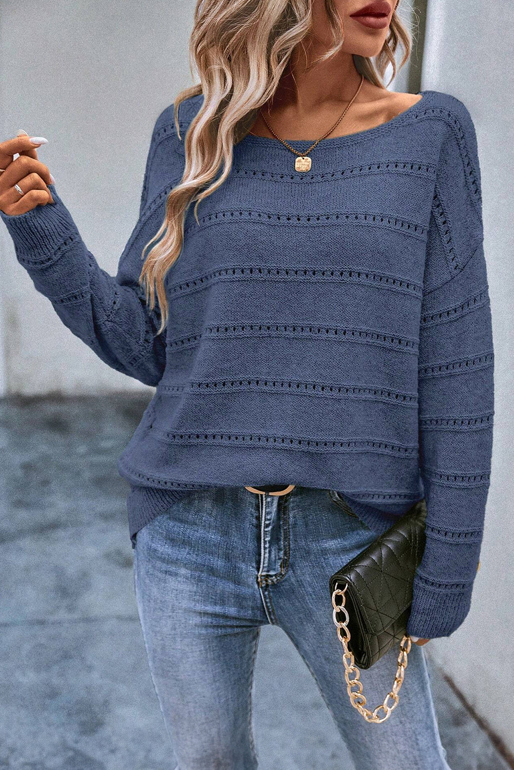 Pale Khaki Boat Neck Drop Shoulder Pointelle Knit Sweater-Sweaters & Cardigans/Sweaters-[Adult]-[Female]-2022 Online Blue Zone Planet