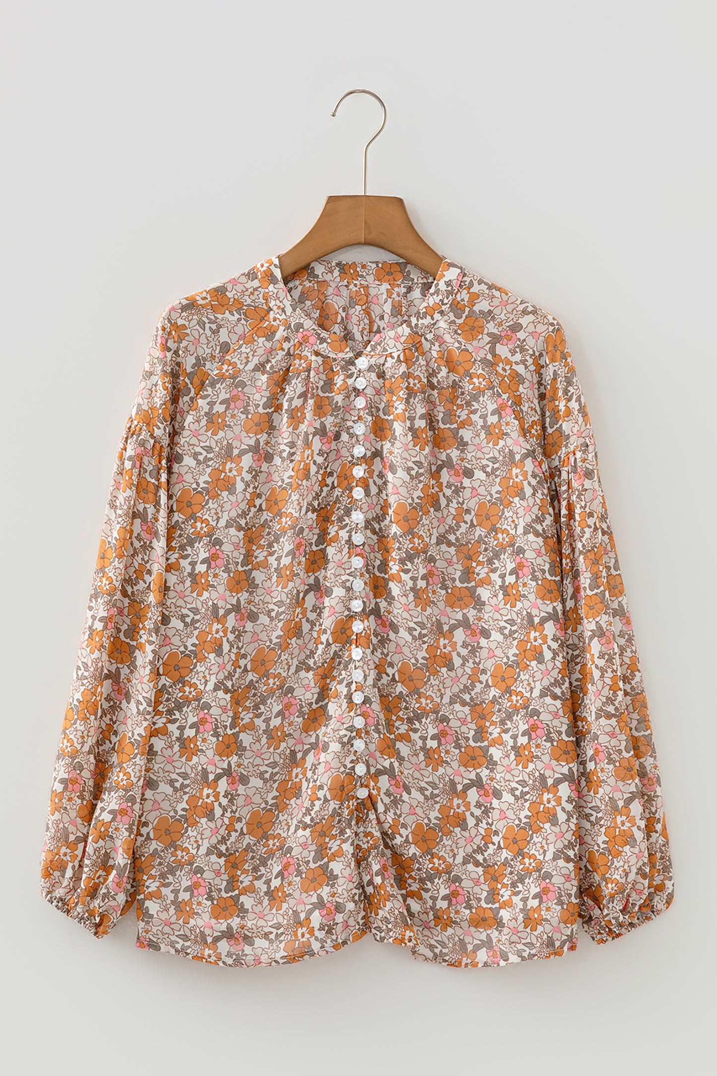Orange Bohemian Floral Puff Sleeve Full Button Shirt-Tops/Blouses & Shirts-[Adult]-[Female]-2022 Online Blue Zone Planet