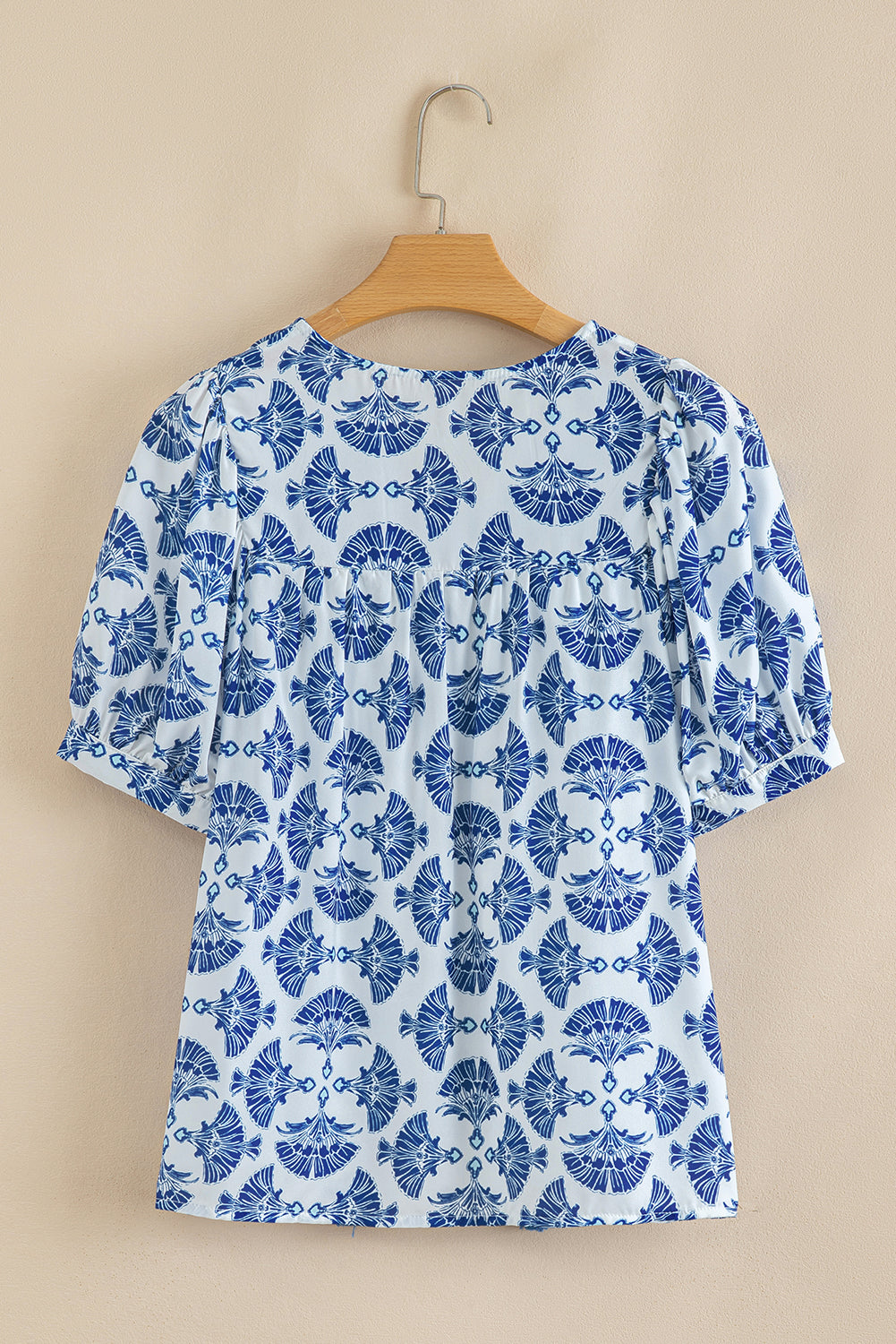 Sky Blue Geometric Print Tassel Drawstring V Neck Blouse-Tops/Blouses & Shirts-[Adult]-[Female]-2022 Online Blue Zone Planet