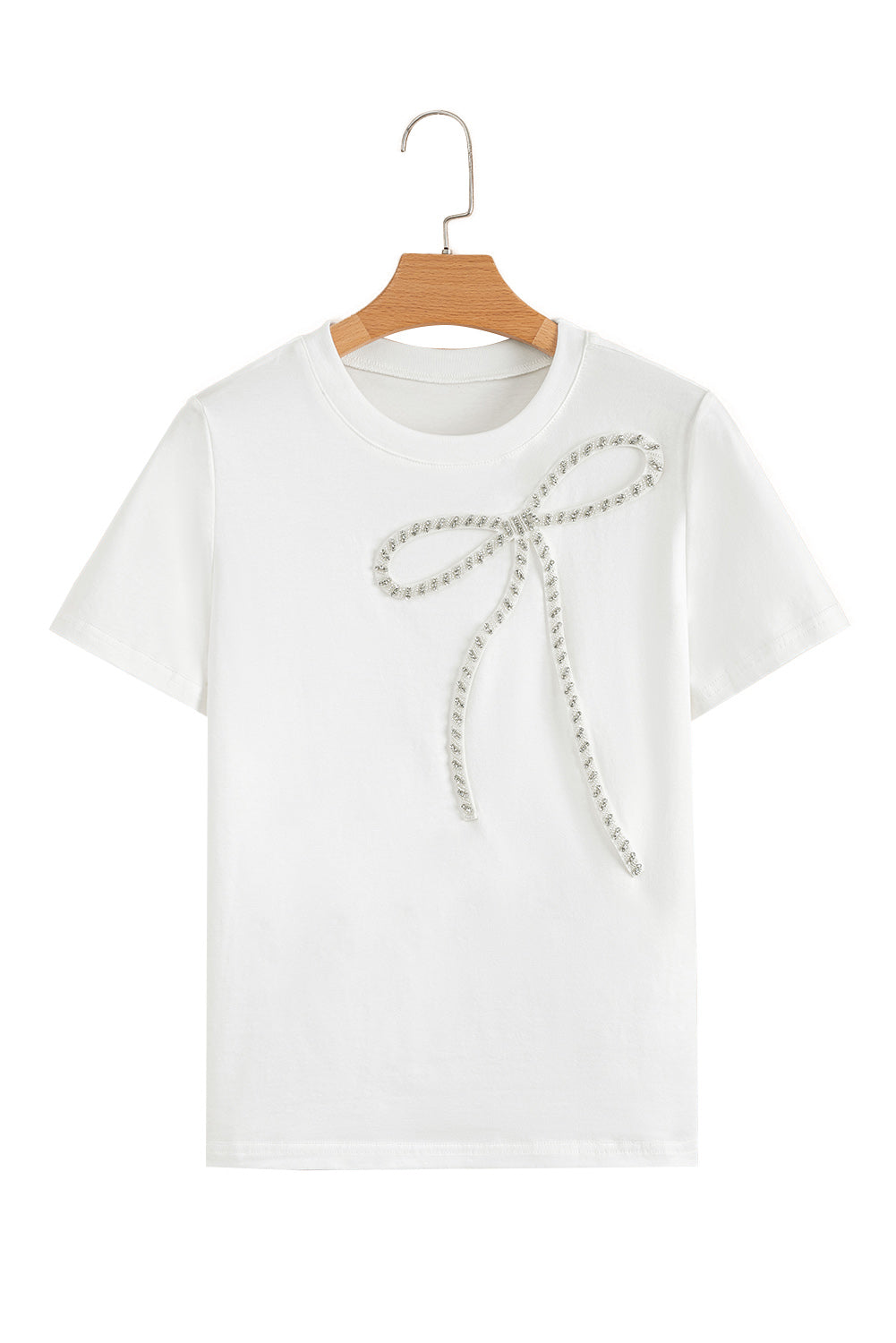 White Rhinestone Bow Embellished Round Neck Tee-Tops/Tops & Tees-[Adult]-[Female]-2022 Online Blue Zone Planet