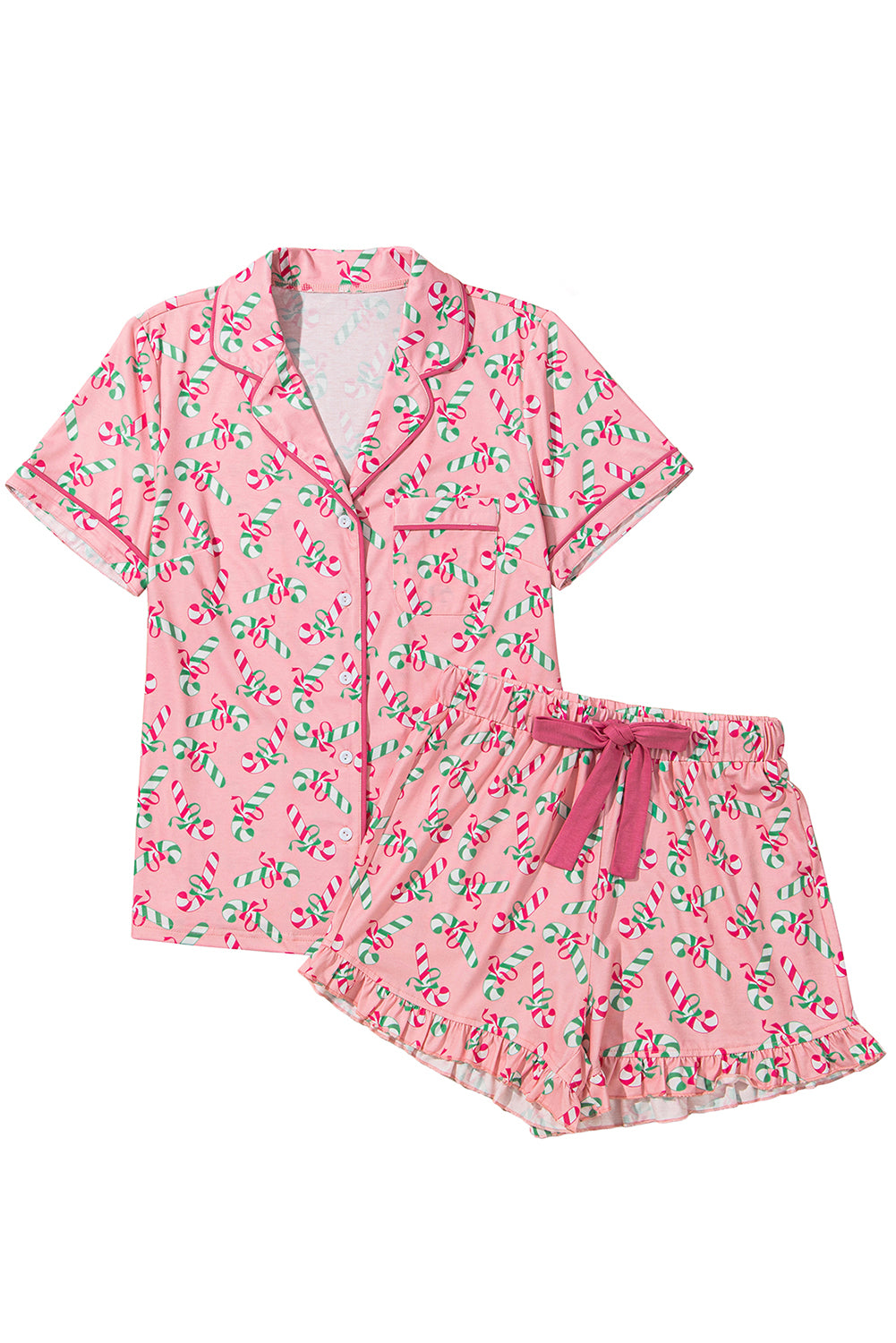 Blue Zone Planet | Pink Christmas Candy Cane Print Pocketed Knotted Pajama Set-TOPS / DRESSES-[Adult]-[Female]-2022 Online Blue Zone Planet