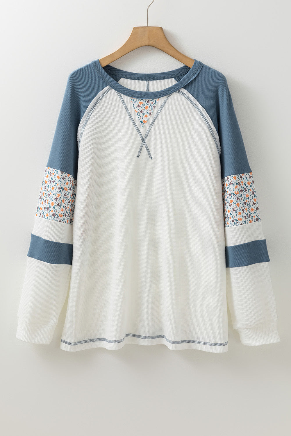 White Floral Patchwork Waffle Knit Raglan Top-Tops/Long Sleeve Tops-[Adult]-[Female]-2022 Online Blue Zone Planet