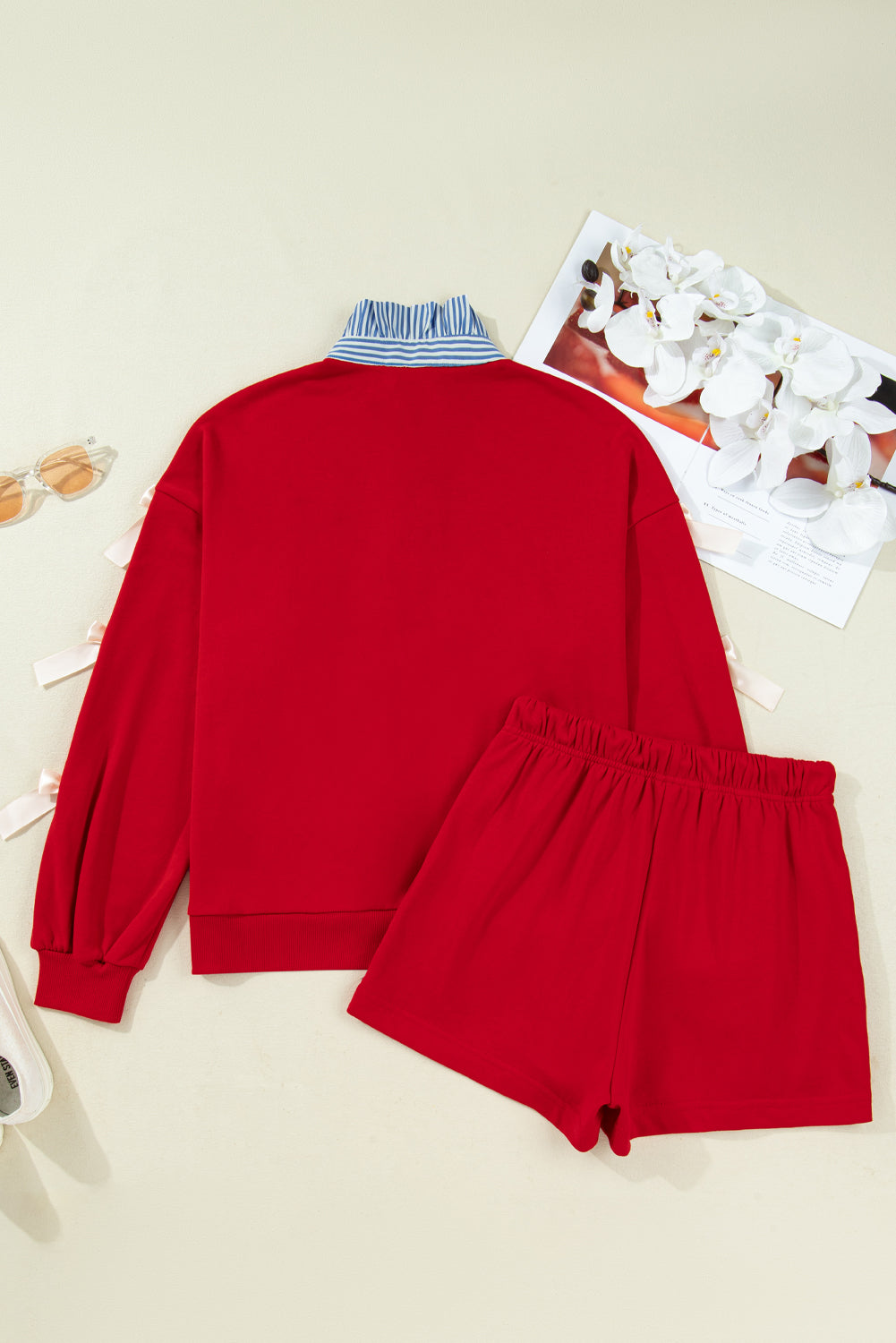 Racing Red Striped Collar Patchwork Satin Bow Sweatshirt and Shorts Set-Two Piece Sets/Short Sets-[Adult]-[Female]-2022 Online Blue Zone Planet