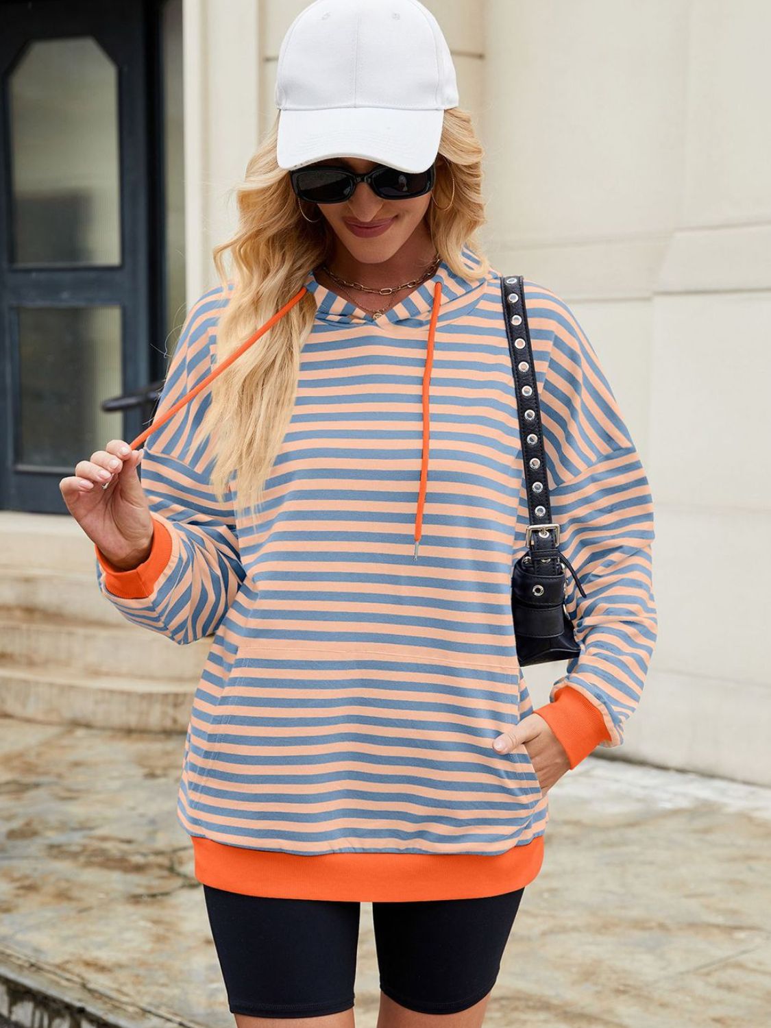 Drawstring Contrast Striped Long Sleeve Hoodie-TOPS / DRESSES-[Adult]-[Female]-2022 Online Blue Zone Planet